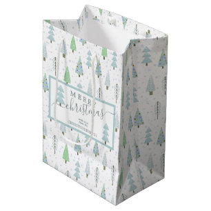 Moderne kerstbomen MERRY CHRISTMAS Script Blue Medium Cadeauzakje