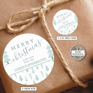 Moderne kerstbomen MERRY CHRISTMAS Script Blue Ronde Sticker