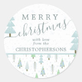 Moderne kerstbomen MERRY CHRISTMAS Script Blue Ronde Sticker (Voorkant)