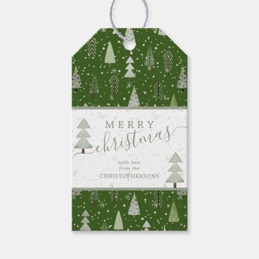 Moderne kerstbomen MERRY CHRISTMAS Script Cadeaulabel (Voorkant)