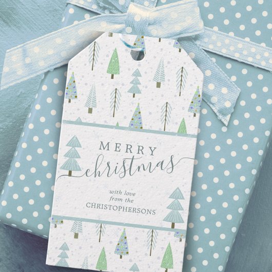 Moderne kerstbomen MERRY CHRISTMAS Script Cadeaulabel