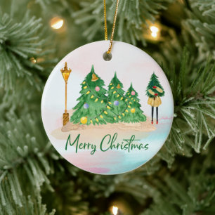 Moderne kerstbomen met Waterverf en groene bomen Keramisch Ornament