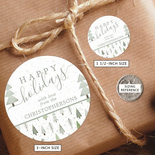 Moderne kerstbomen PRETTIGE FEESTDAGEN Script Gree Ronde Sticker