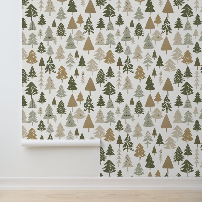 Moderne kerstbomen Sage Olive Green Pattern Behang (Applicatie)