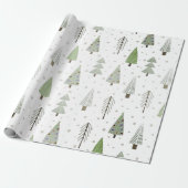 Moderne kerstbomen Sage Olive Green Pattern Cadeaupapier (Uitgerold)