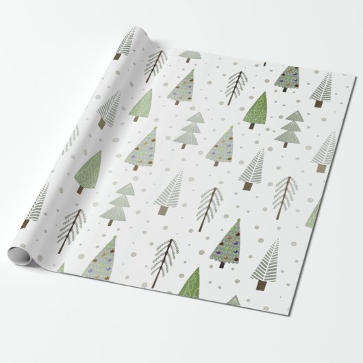 Moderne kerstbomen Sage Olive Green Pattern Cadeaupapier (Uitgerold)