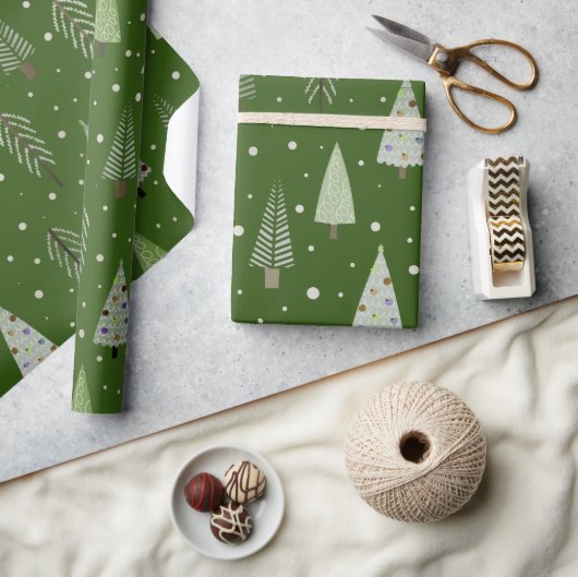 Moderne kerstbomen Sage Olive Green Pattern Cadeaupapier (Crafts)