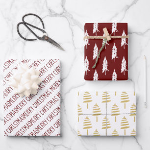 Moderne kerstbomen voor rood en gouden kerst inpakpapier vel
