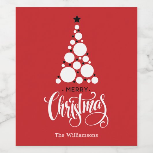 Moderne Kerstboom op Rood Wijn Etiket (Enkel label)