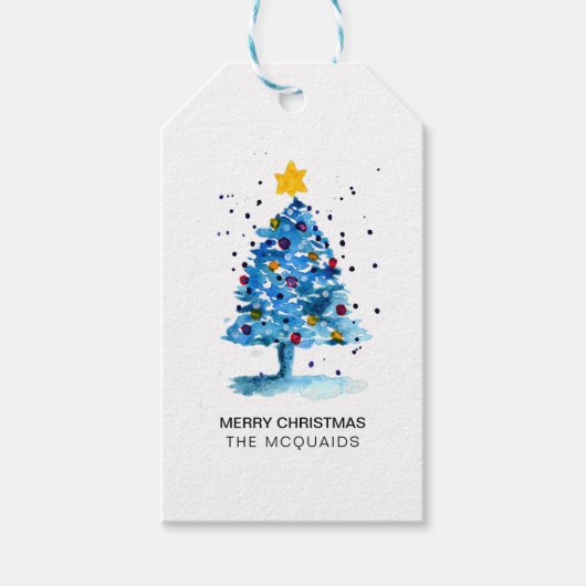 Moderne kerstboom Waterverf blauw Cadeaulabel (Voorkant)