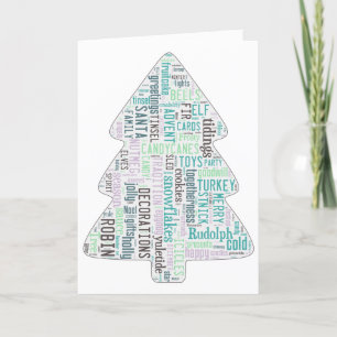 Moderne kerstboomkaart, turquoise en paarse feestdagen kaart