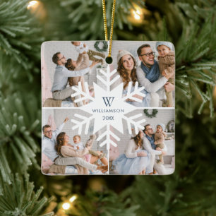 Moderne kerstboommonogram vier foto keramisch ornament