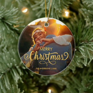 Moderne kerstfamilie foto naam keramisch O Ornament