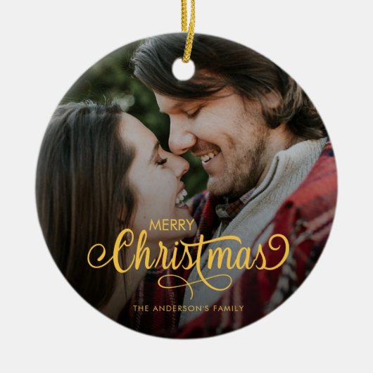 Moderne kerstfamilie - foto naam keramisch ornament (Voorkant)