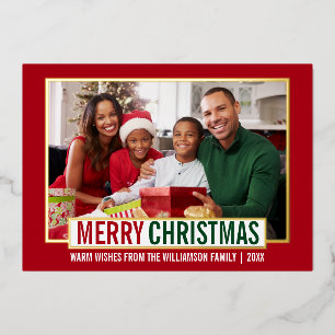 Moderne kerstfamilie foto Red Gold Folie Feestdagenkaart