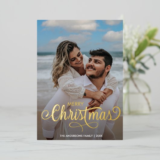 Moderne kerstfamilie foto's naam stripes folie feestdagenkaart (Staand Voorkant)