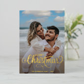 Moderne kerstfamilie foto's naam Tartan F Folie Feestdagenkaart (Staand Voorkant)