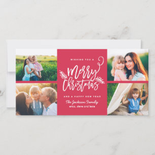 Moderne kerstfeestdag met penseel 4-foto-rood feestdagenkaart