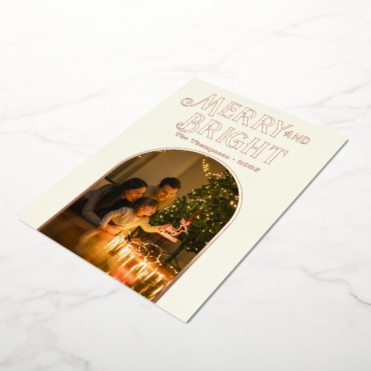 Moderne Kerstfoto in Ivoor & Roségoud Folie Feestdagenkaart (Gedraaid)