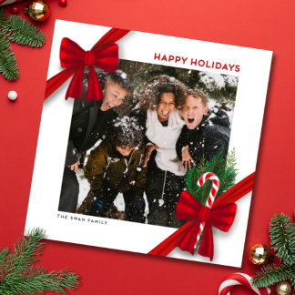 Moderne kerstfoto kaart met rode strikken