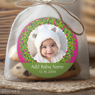 Moderne kerstfoto Lijst PINK Ronde Sticker