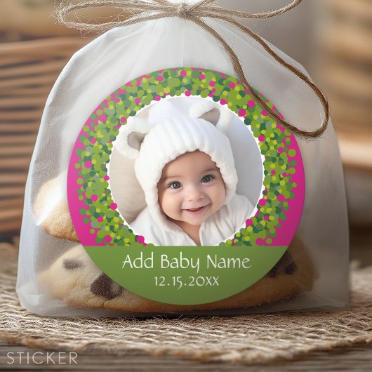 Moderne kerstfoto Lijst PINK Ronde Sticker