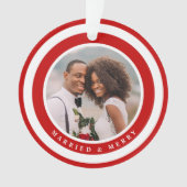 Moderne kerstfoto met gehuwd en vrolijk kerstfeest ornament (voorkant)
