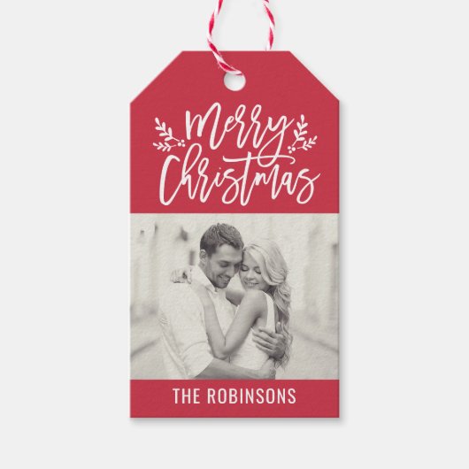 Moderne kerstfoto met rood script cadeaulabel (Voorkant)
