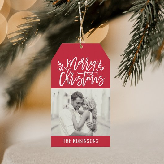 Moderne kerstfoto met rood script cadeaulabel