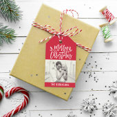 Moderne kerstfoto met rood script cadeaulabel