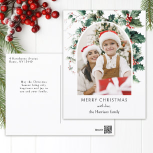 Moderne Kerstfotoboog w / Holly Feestdagenkaart