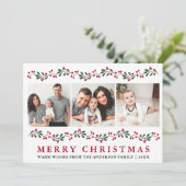Moderne Kerstgroen Bessen 3 Foto Feestdagenkaart (Staand voorkant)