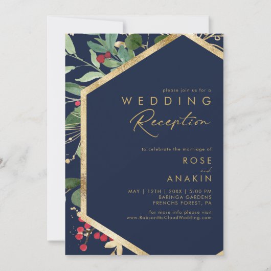 Moderne Kerstgroen Marineblauwe Trouwreceptie Kaart (Voorkant)