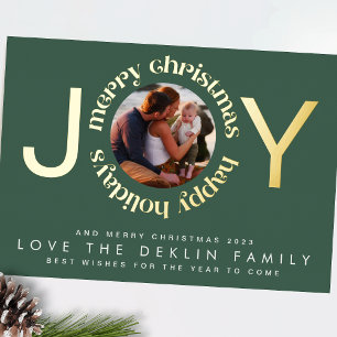 Moderne kerstgroene GOLD JOY Wreatfoto Folie Feestdagenkaart