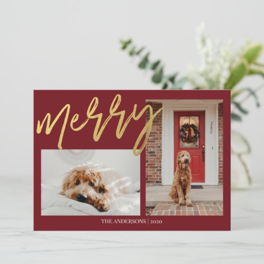 Moderne Kersthond Foto met Goud Feestdagenkaart (Staand voorkant)