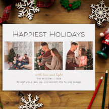 Moderne kerstkaart met drie foto's en fijne feestd
