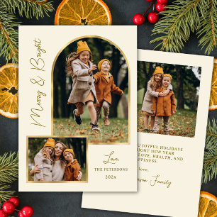 Moderne Kerstkaart met Gouden Boog en 3 Foto's 'Me