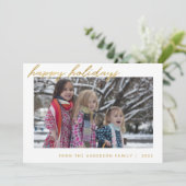 Moderne kerstkaart met 'Happy Holidays' familie fo (Staand voorkant)