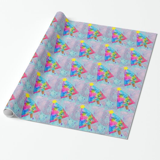 Moderne kerstkleurrijke blauwe en roze glitter cadeaupapier (Uitgerold)