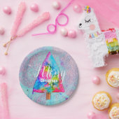 Moderne kerstkleurrijke blauwe en roze glitter papieren bordje (Feest)