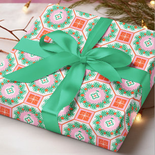 Moderne Kerstkrans Cadeaus Bellen Geometrisch Cadeaupapier