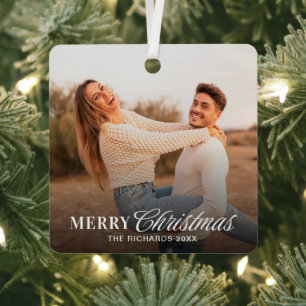 Moderne Kerstmis Koppel Foto met Script Metalen Ornament