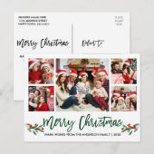 Moderne kerstmis met penseelscript, groen, 5-fotos briefkaart (Voorkant / Achterkant)