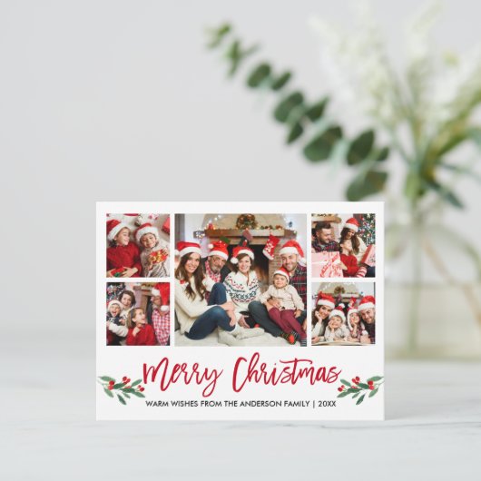 Moderne kerstmis met penseelscript, rood 5-fotoser briefkaart (Staand voorkant)