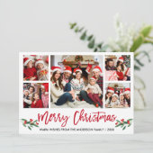 Moderne kerstmis met penseelscript, rood 5-fotoser feestdagenkaart (Staand voorkant)