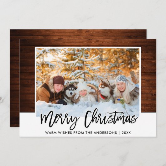 Moderne Kerstmis met Rustic Wood in penseelscript Feestdagenkaart (Voorkant / Achterkant)
