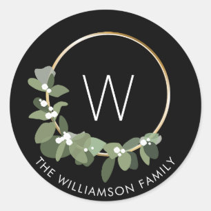 Moderne kerstmis   Monogram   Familienaam Ronde Sticker