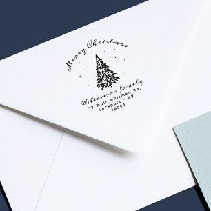 Moderne Kerstmis/Pine Tree/Family Return-adres Rubberstempel