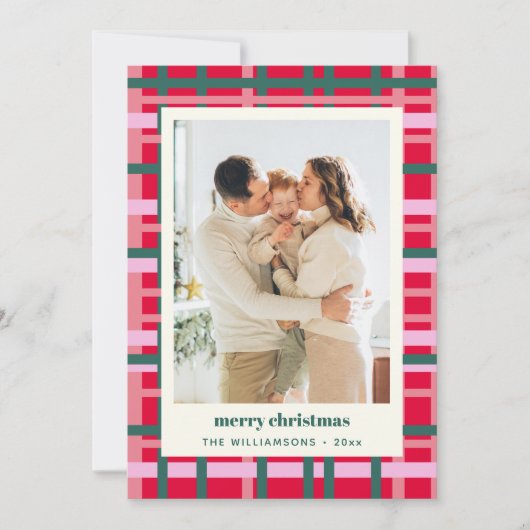 Moderne Kerstmis Plaid Rood Groen Verticale Foto Feestdagenkaart (Voorkant)