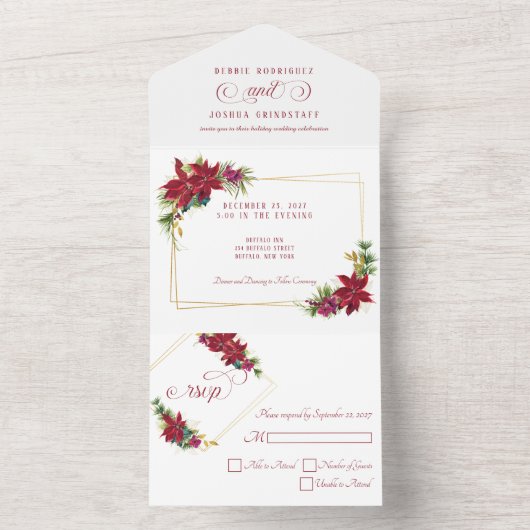 Moderne Kerstmis Poinsettia Bruiloft All In One Uitnodiging (Binnen)